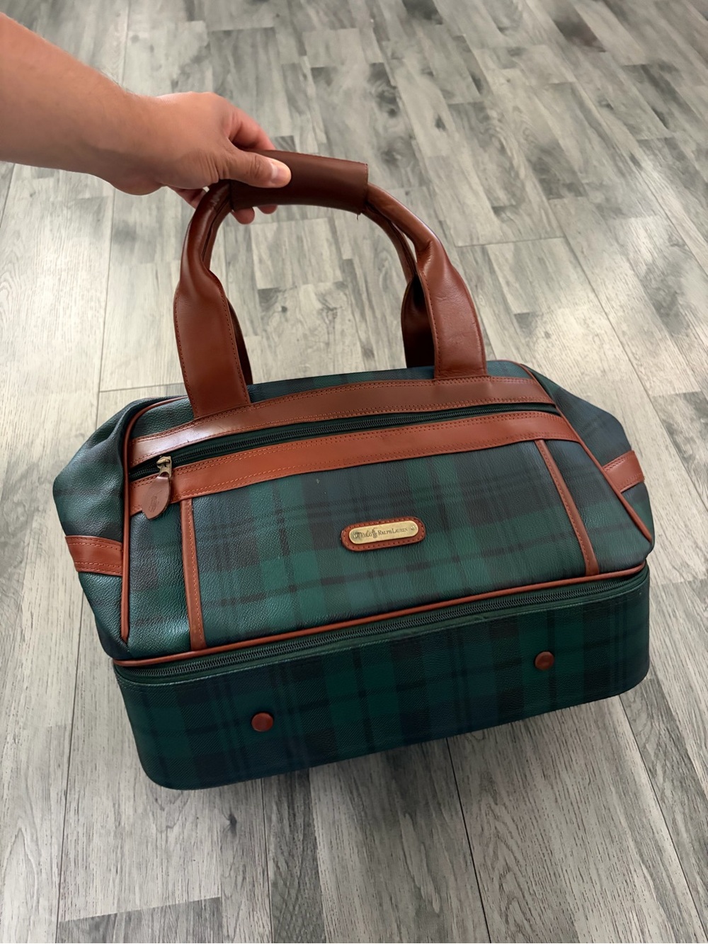 Polo by Ralph Lauren Green Plaid Travel Bag with Brown Trim